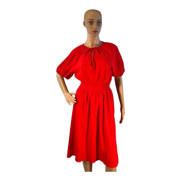H &M Women Size XS Red Dress Tie Neck Bohemian Short Sleeve Stretch Waist - Picture 2 of 16